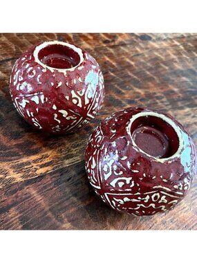 Set Of Two Bombay Red & Cream Textured Ceramic Votive Candle Holders